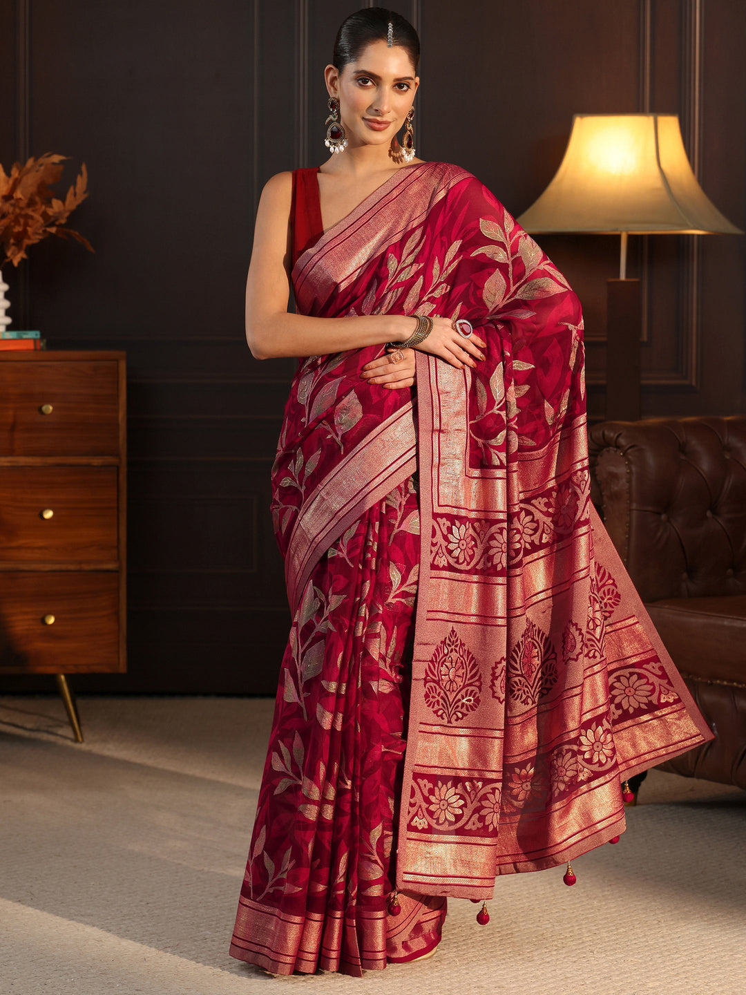  Libas Maroon Floral Foil Printed Silk Blend Saree 