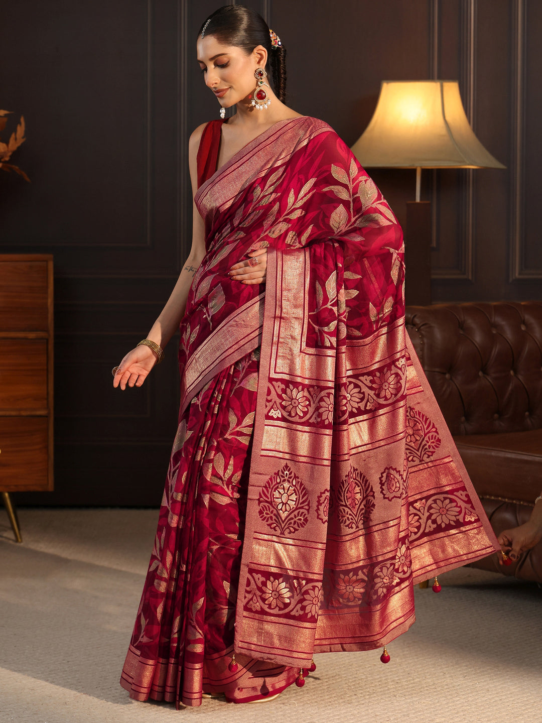  Libas Maroon Floral Foil Printed Silk Blend Saree 