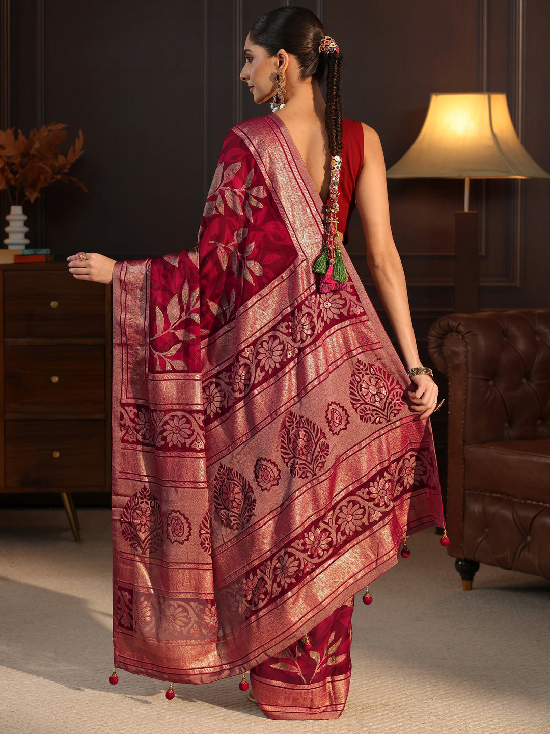  Libas Maroon Floral Foil Printed Silk Blend Saree 