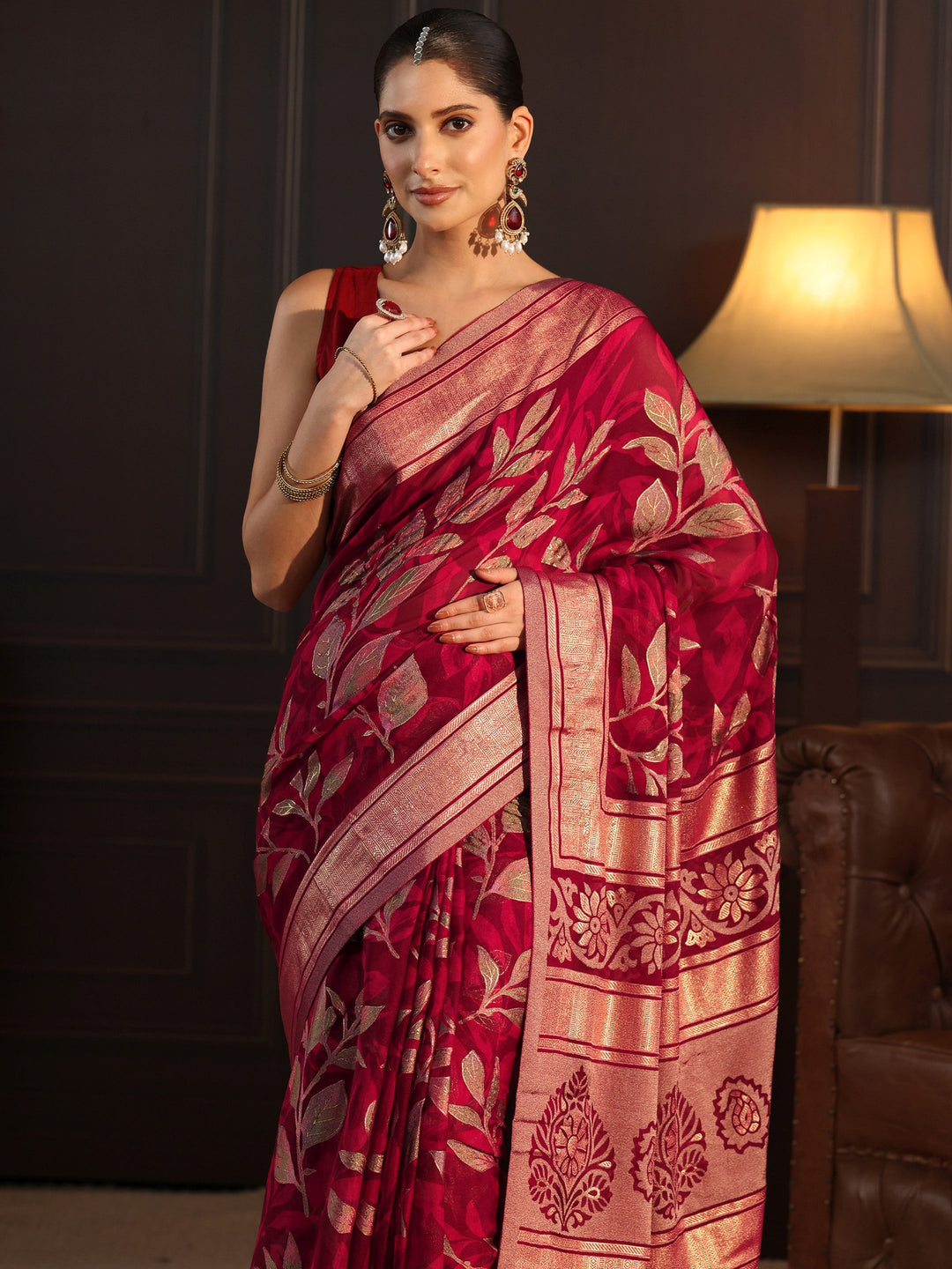  Libas Maroon Floral Foil Printed Silk Blend Saree 