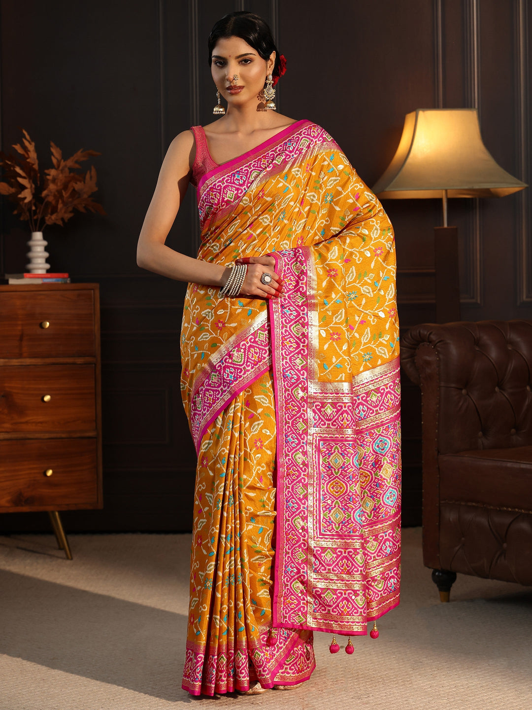  Libas Mustard and Pink Floral Printed Silk Blend Saree 