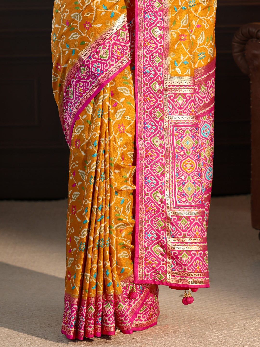  Libas Mustard and Pink Floral Printed Silk Blend Saree 