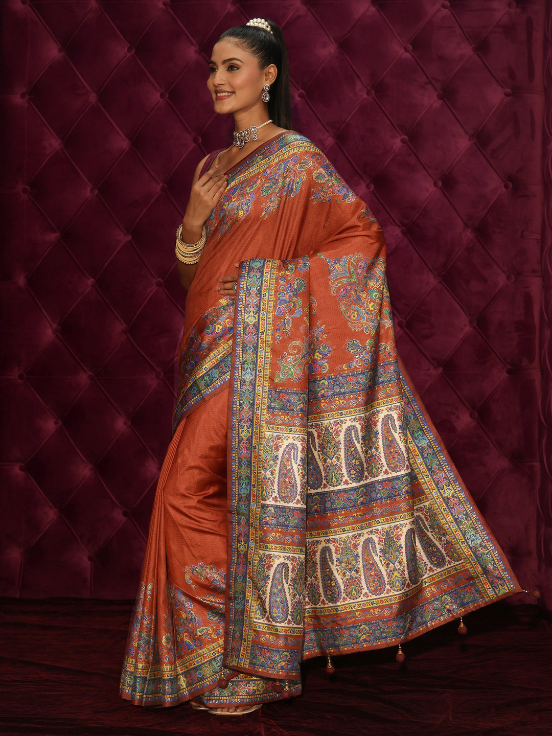  Libas Rust Brown Printed Silk Blend Saree With Paisley Border 