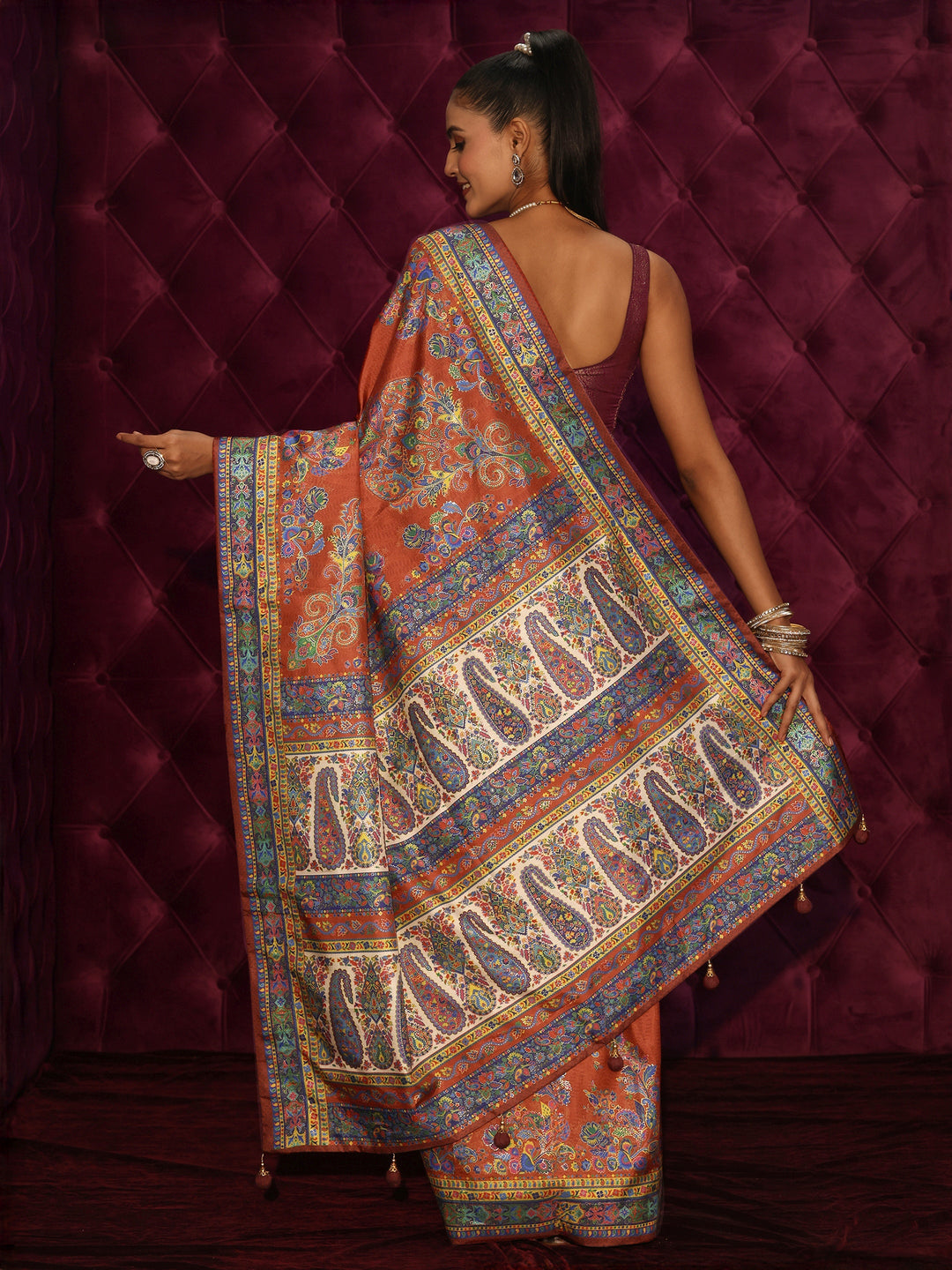  Libas Rust Brown Printed Silk Blend Saree With Paisley Border 