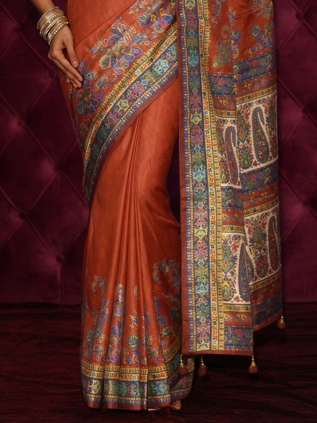  Libas Rust Brown Printed Silk Blend Saree With Paisley Border 