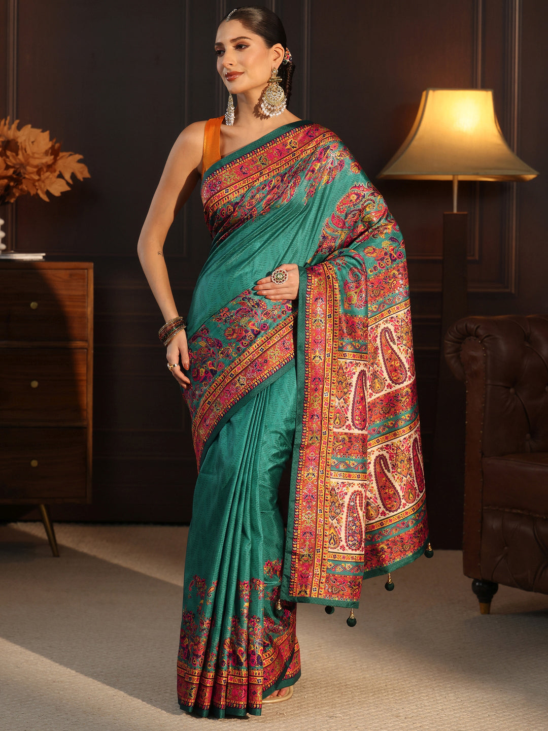  Libas Sea Green Printed Silk Blend Saree with Paisley Pallu 