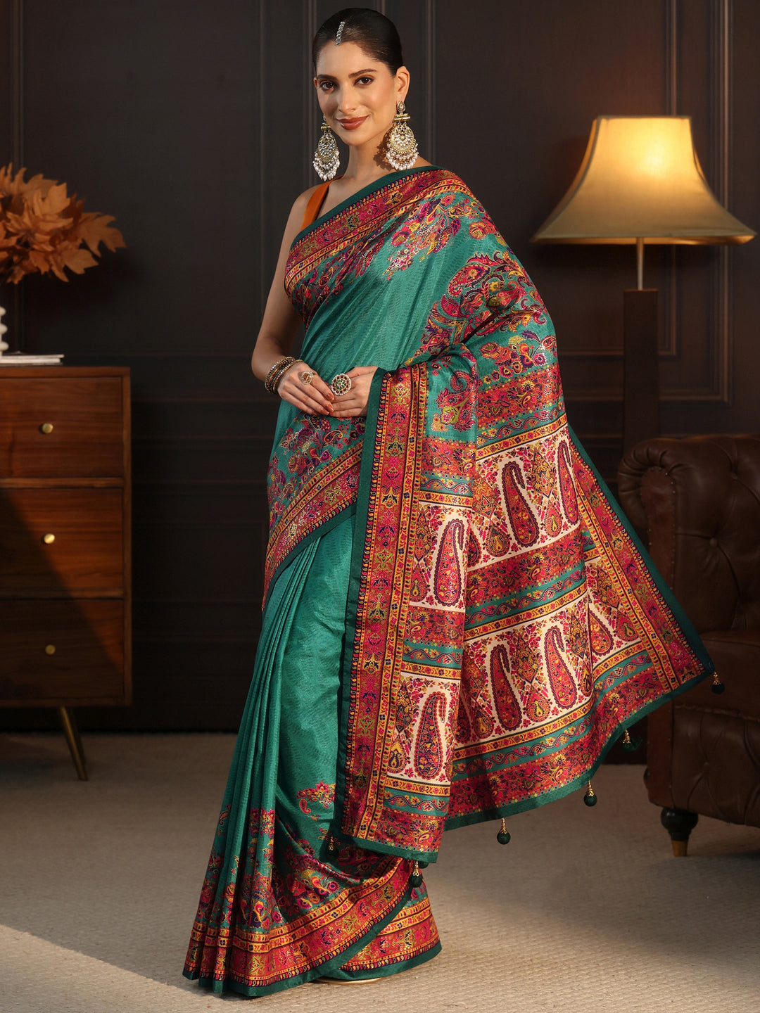  Libas Sea Green Printed Silk Blend Saree with Paisley Pallu 