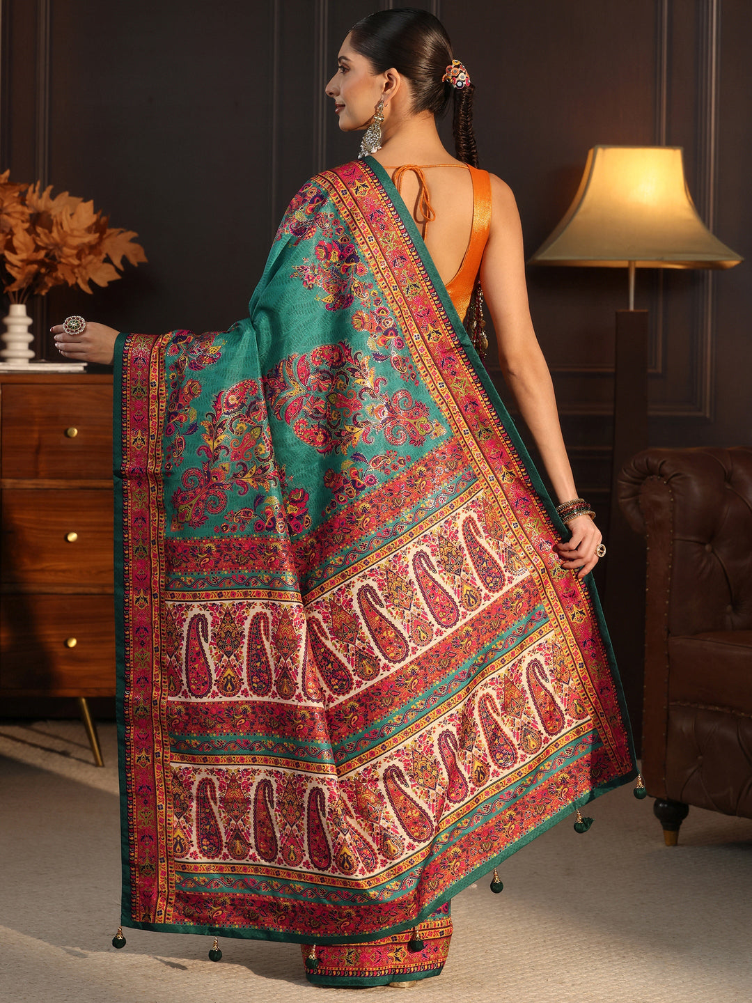  Libas Sea Green Printed Silk Blend Saree with Paisley Pallu 