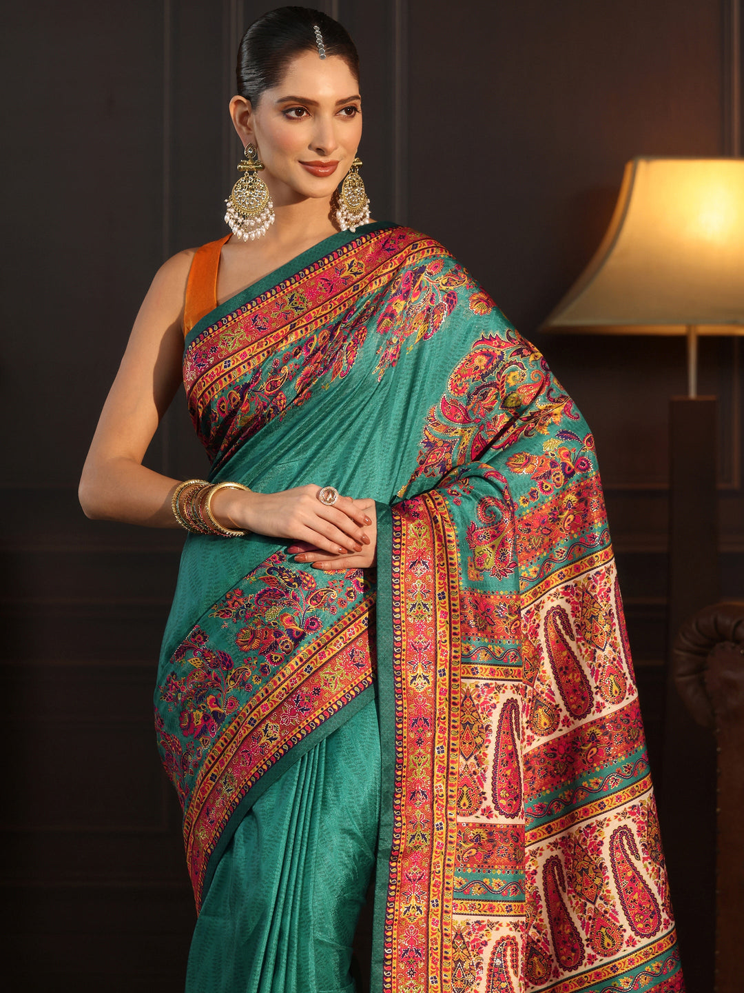 Libas Sea Green Printed Silk Blend Saree with Paisley Pallu 