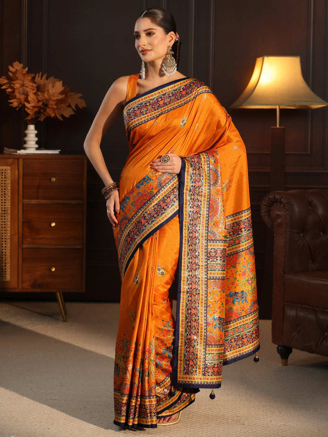  Libas Orange and Blue Ethnic Printed Silk Blend Saree 