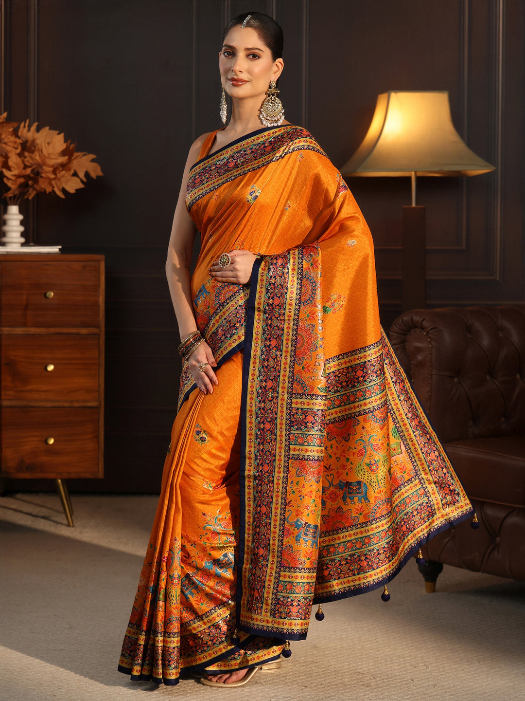  Libas Orange and Blue Ethnic Printed Silk Blend Saree 