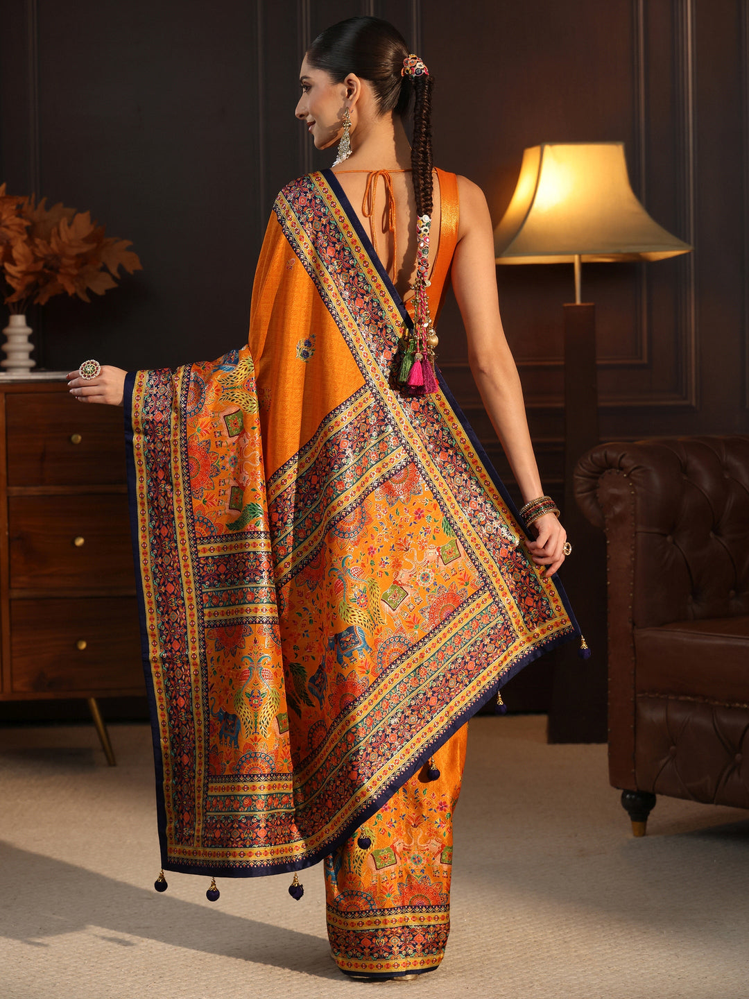  Libas Orange and Blue Ethnic Printed Silk Blend Saree 