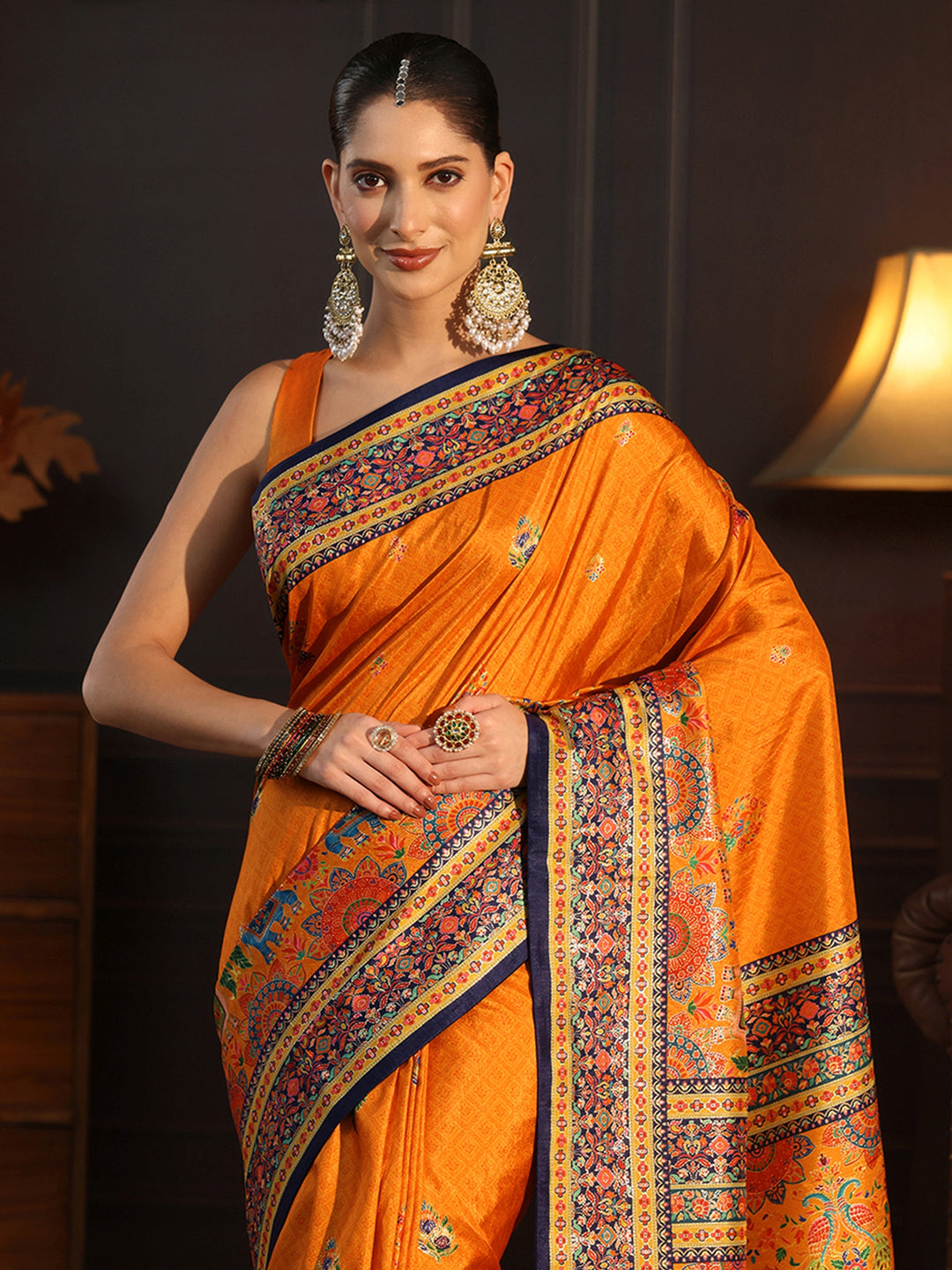  Libas Orange and Blue Ethnic Printed Silk Blend Saree 