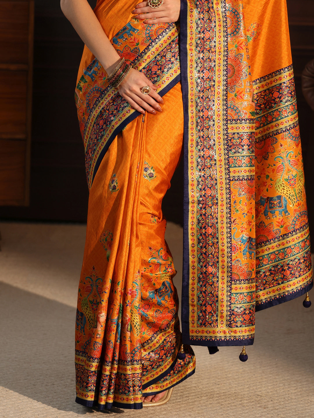  Libas Orange and Blue Ethnic Printed Silk Blend Saree 