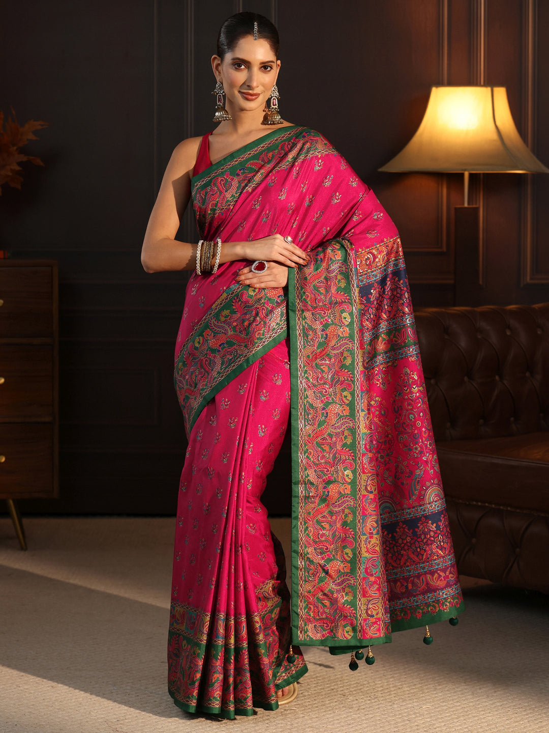  Libas Rani Pink and Green Peacock Printed Silk Blend Saree 