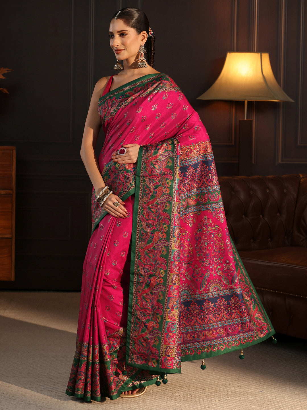  Libas Rani Pink and Green Peacock Printed Silk Blend Saree 