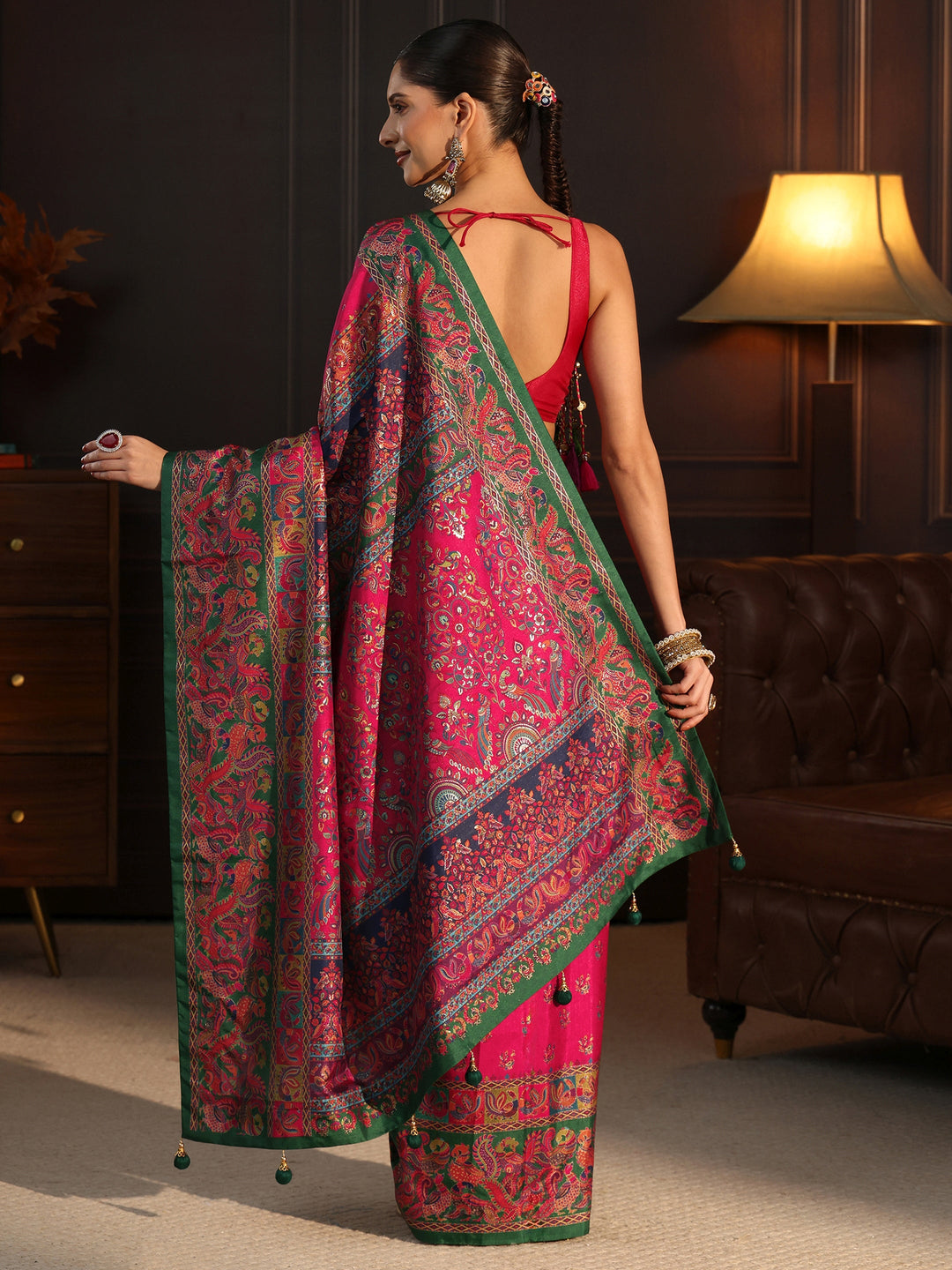  Libas Rani Pink and Green Peacock Printed Silk Blend Saree 