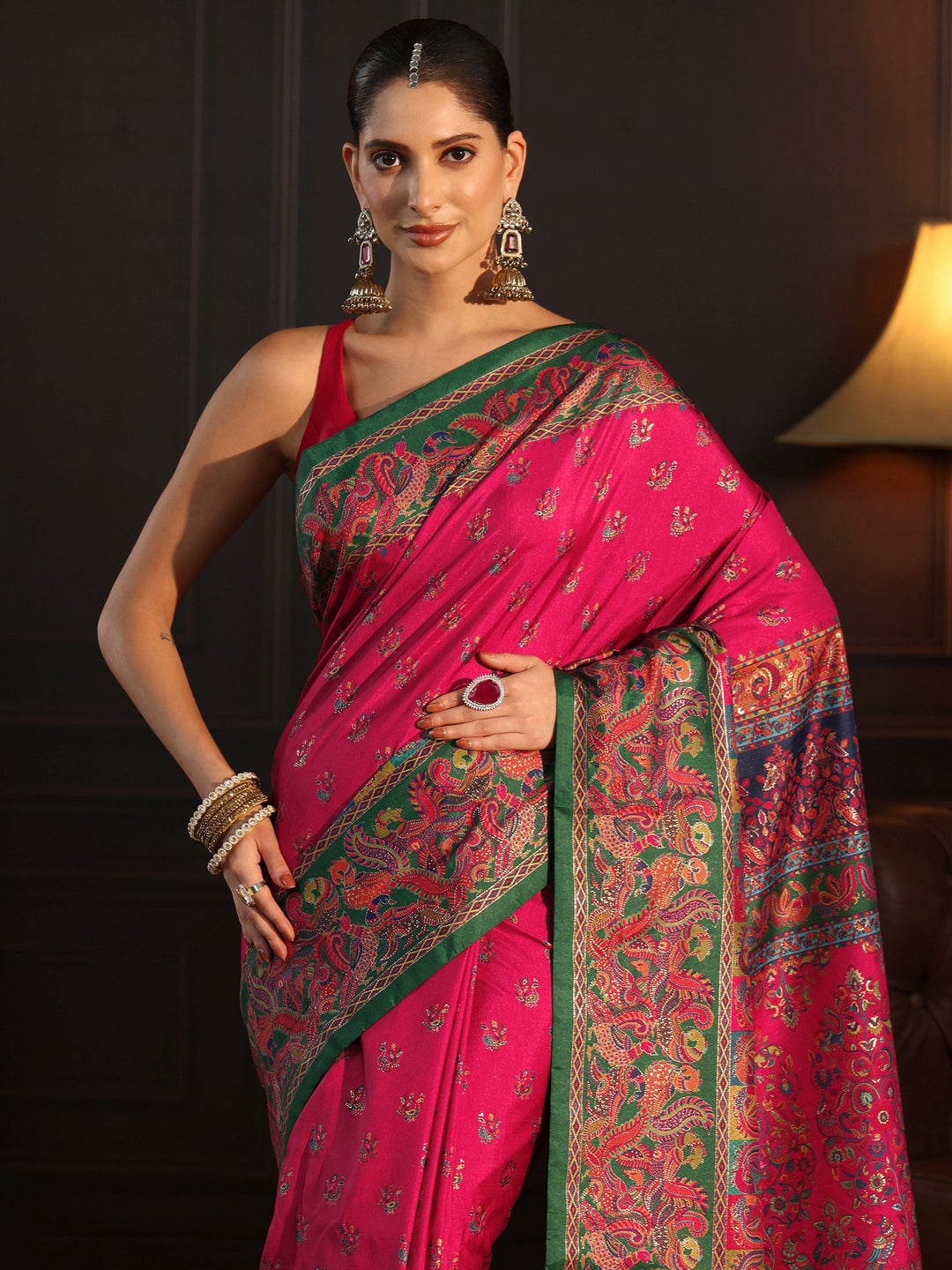  Libas Rani Pink and Green Peacock Printed Silk Blend Saree 