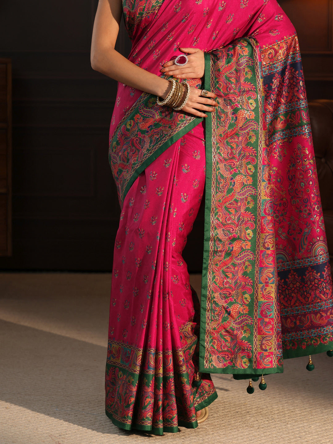  Libas Rani Pink and Green Peacock Printed Silk Blend Saree 