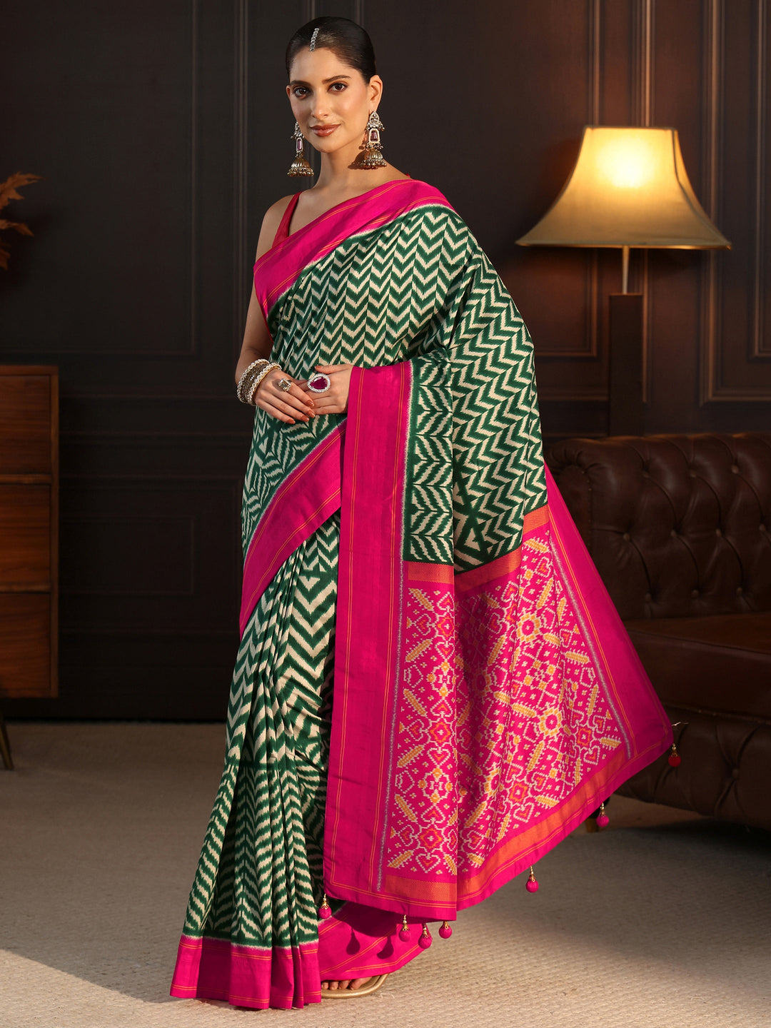  Libas Green and Pink Chevron Printed Silk Blend Saree 