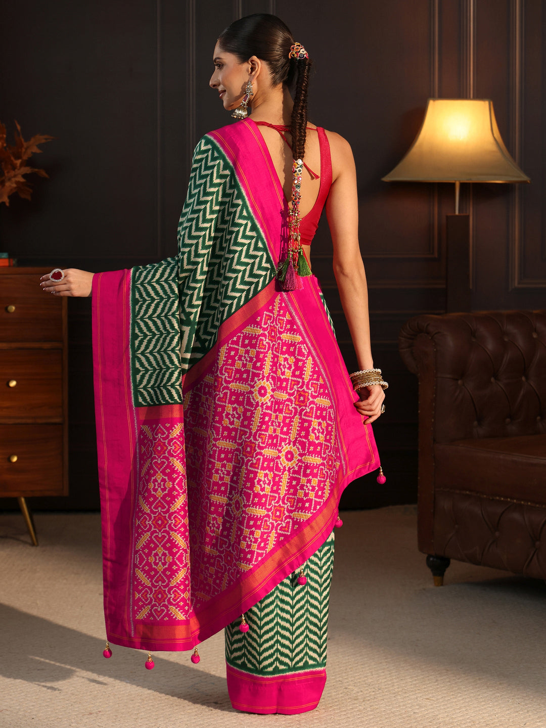  Libas Green and Pink Chevron Printed Silk Blend Saree 