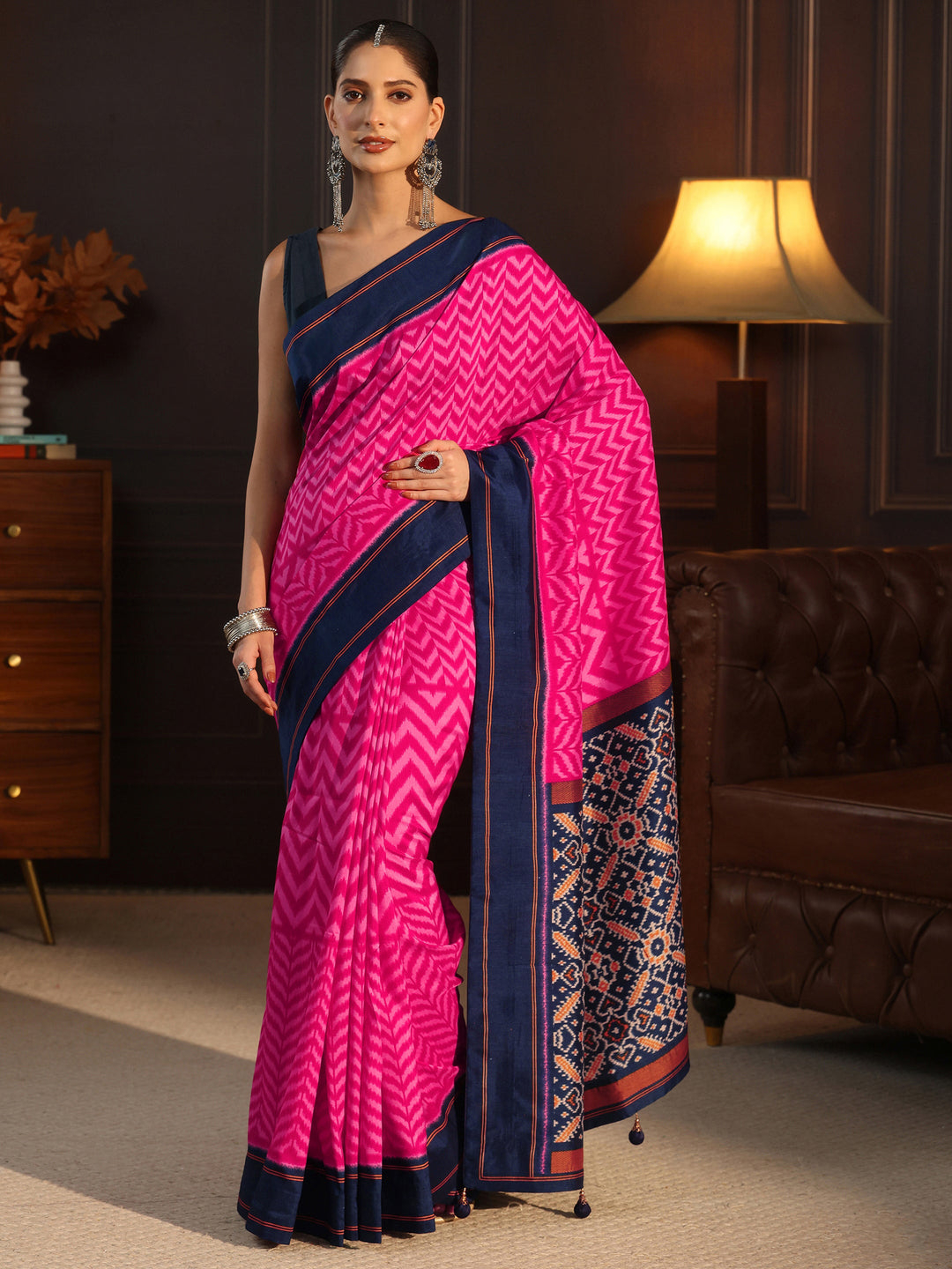  Libas Magenta Pink and Blue Chevron Printed Silk Blend Saree 