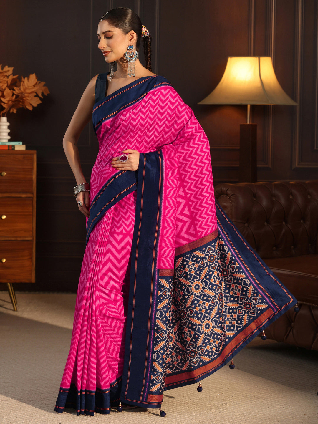  Libas Magenta Pink and Blue Chevron Printed Silk Blend Saree 