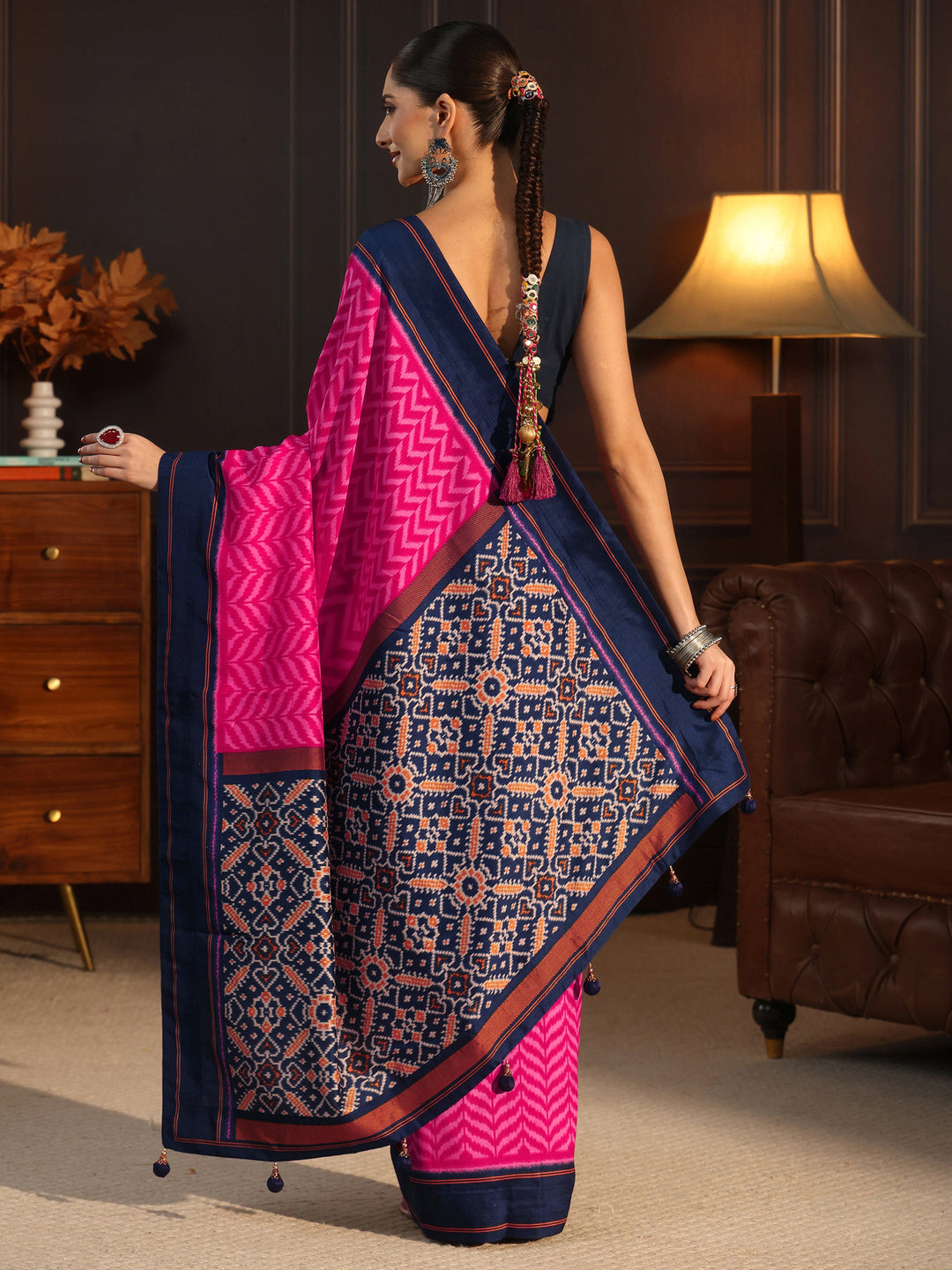  Libas Magenta Pink and Blue Chevron Printed Silk Blend Saree 
