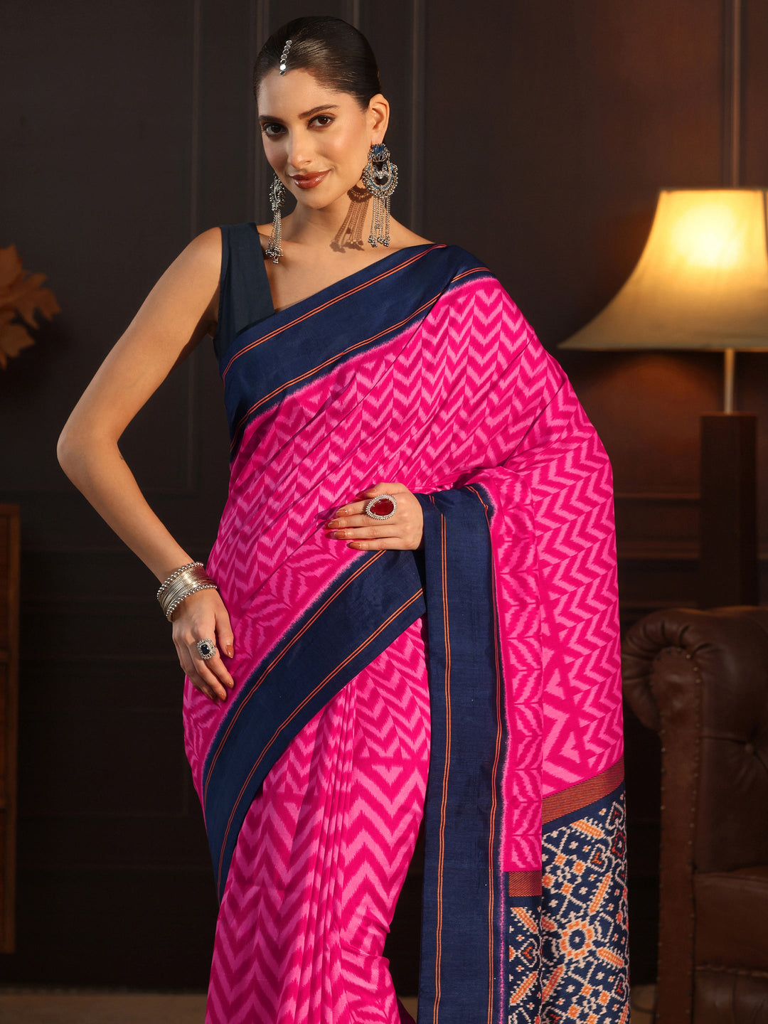  Libas Magenta Pink and Blue Chevron Printed Silk Blend Saree 