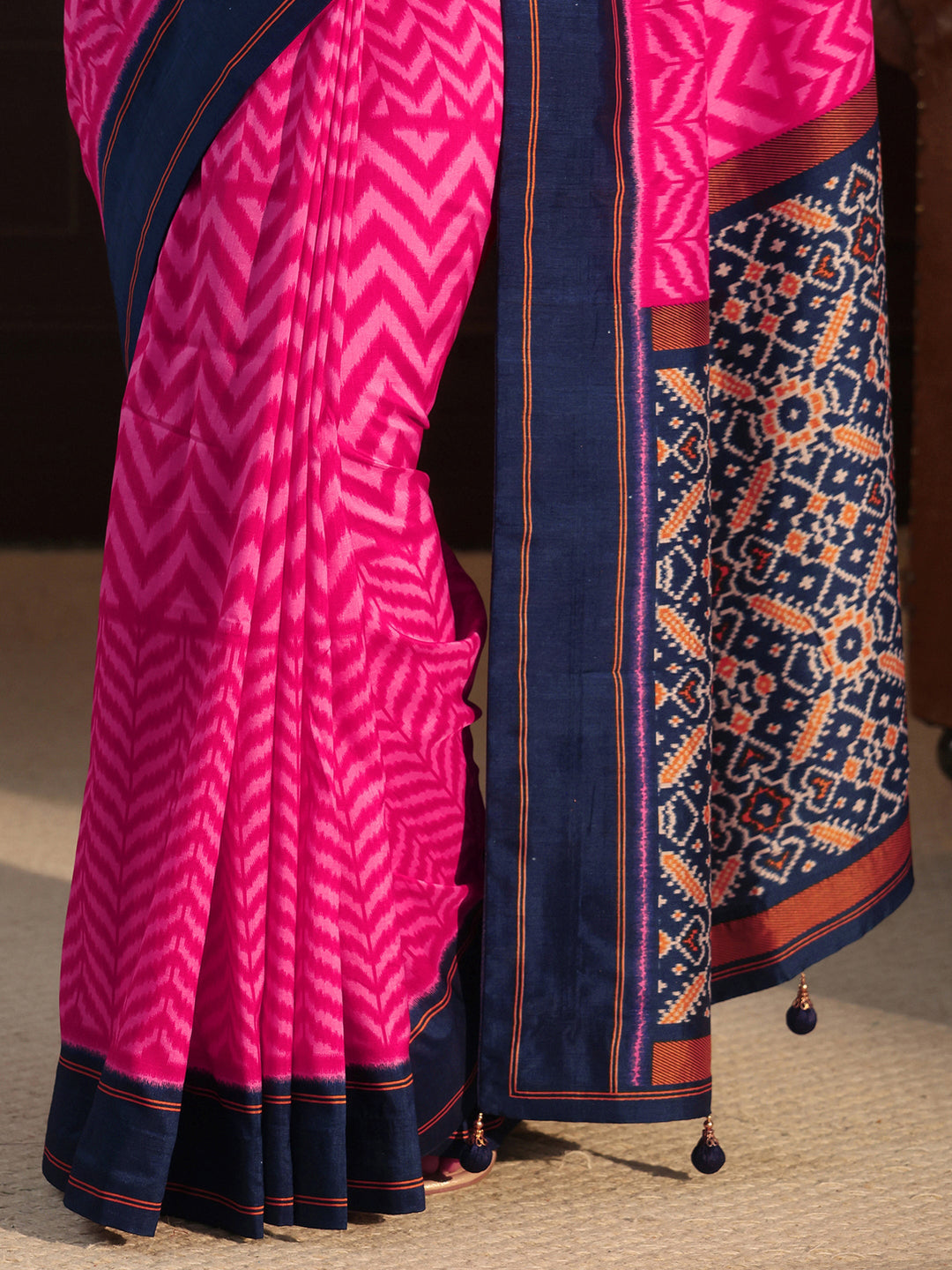  Libas Magenta Pink and Blue Chevron Printed Silk Blend Saree 