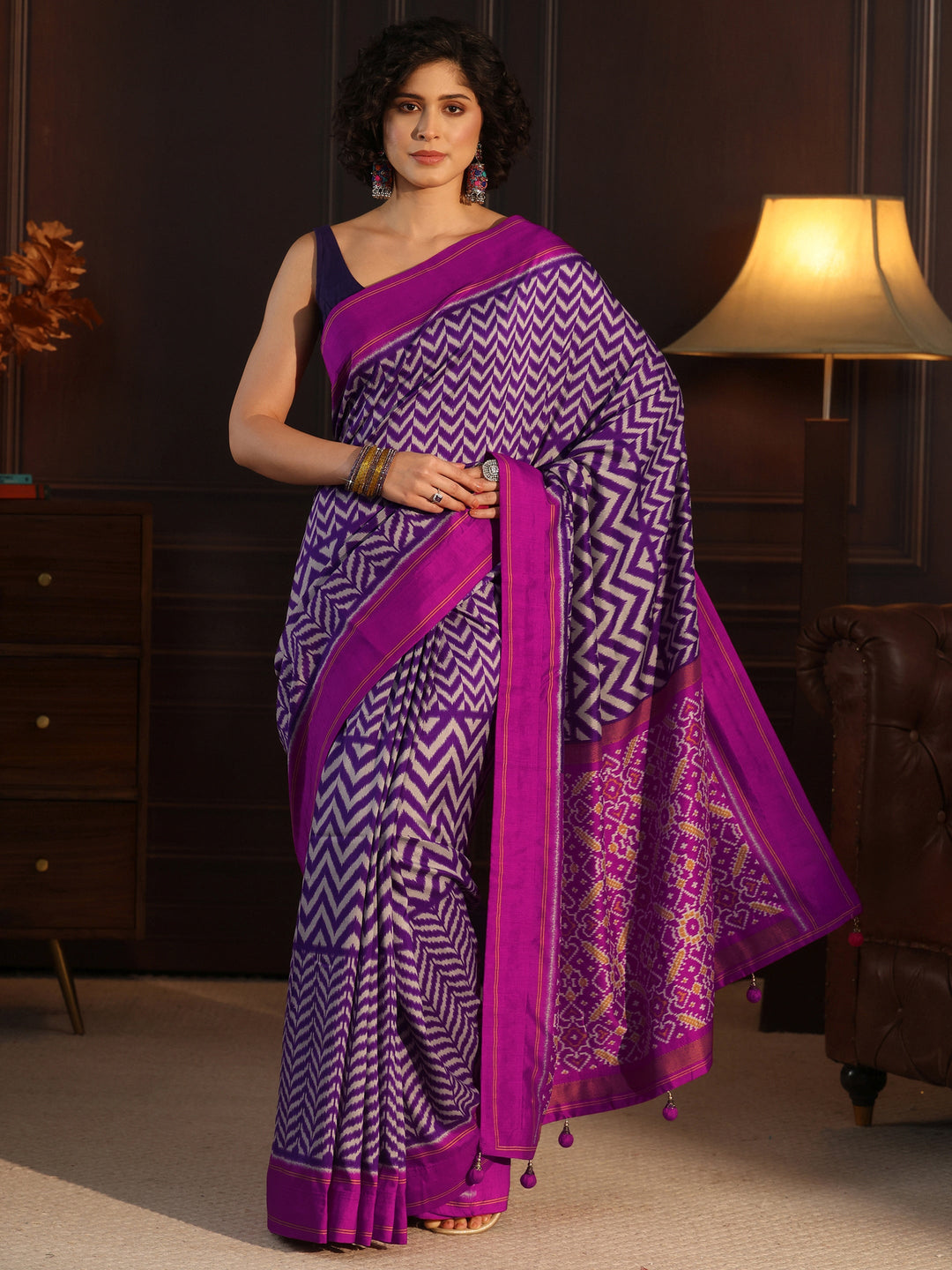  Libas Royal Purple Chevron Printed Silk Blend Saree 