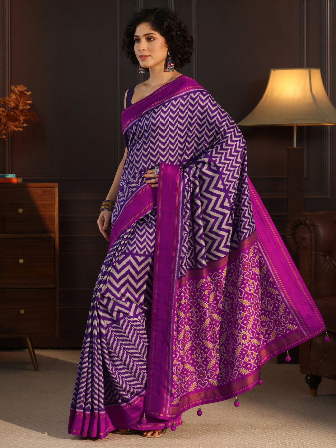  Libas Royal Purple Chevron Printed Silk Blend Saree 
