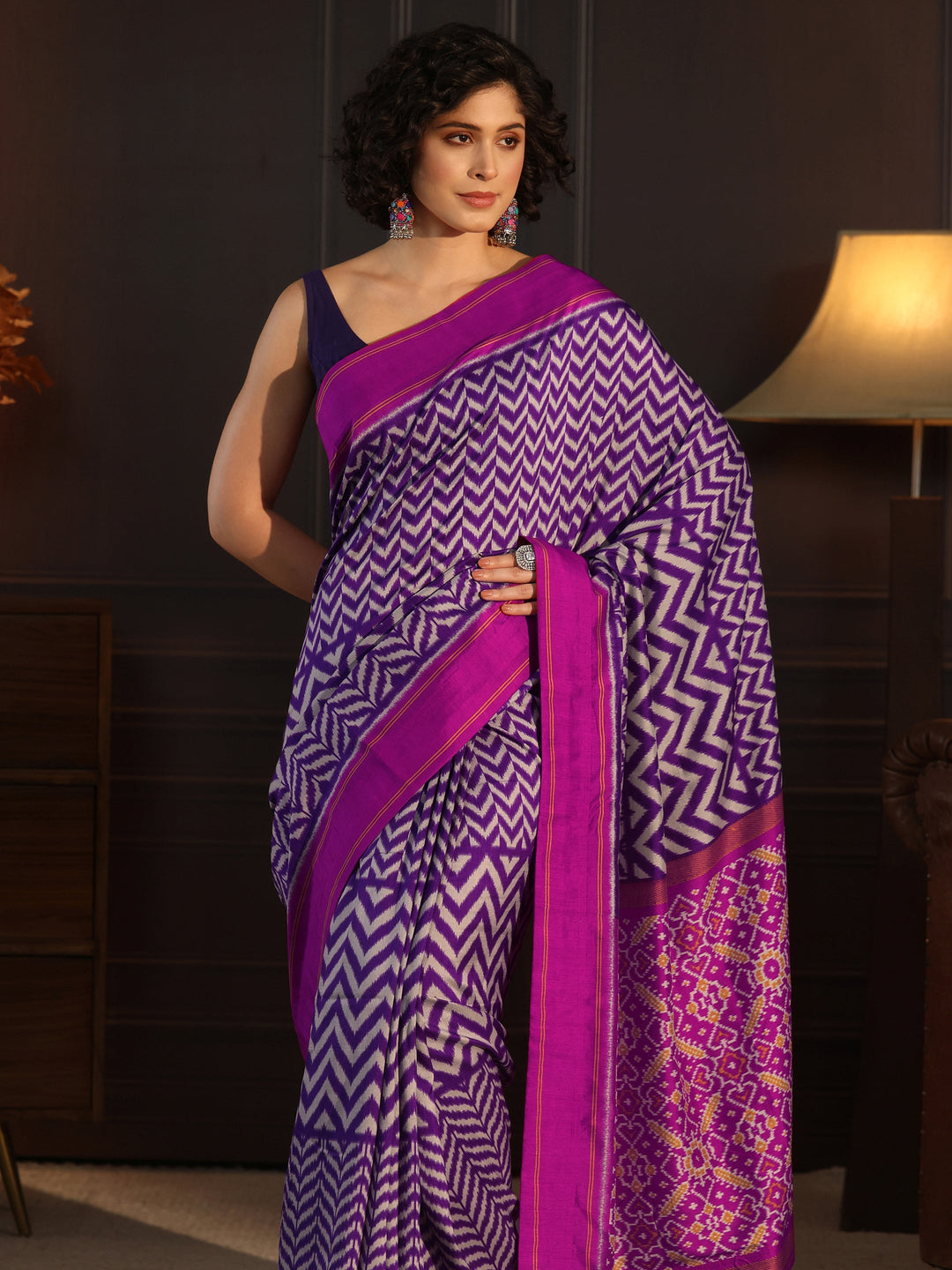  Libas Royal Purple Chevron Printed Silk Blend Saree 