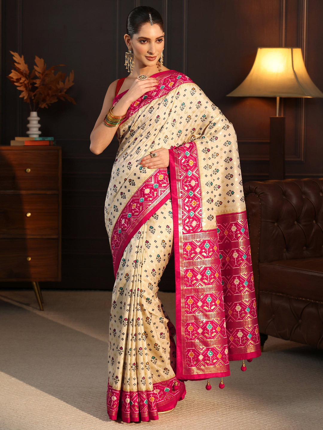  Libas Cream and Pink Pochampally Ikat Silk Blend Saree 