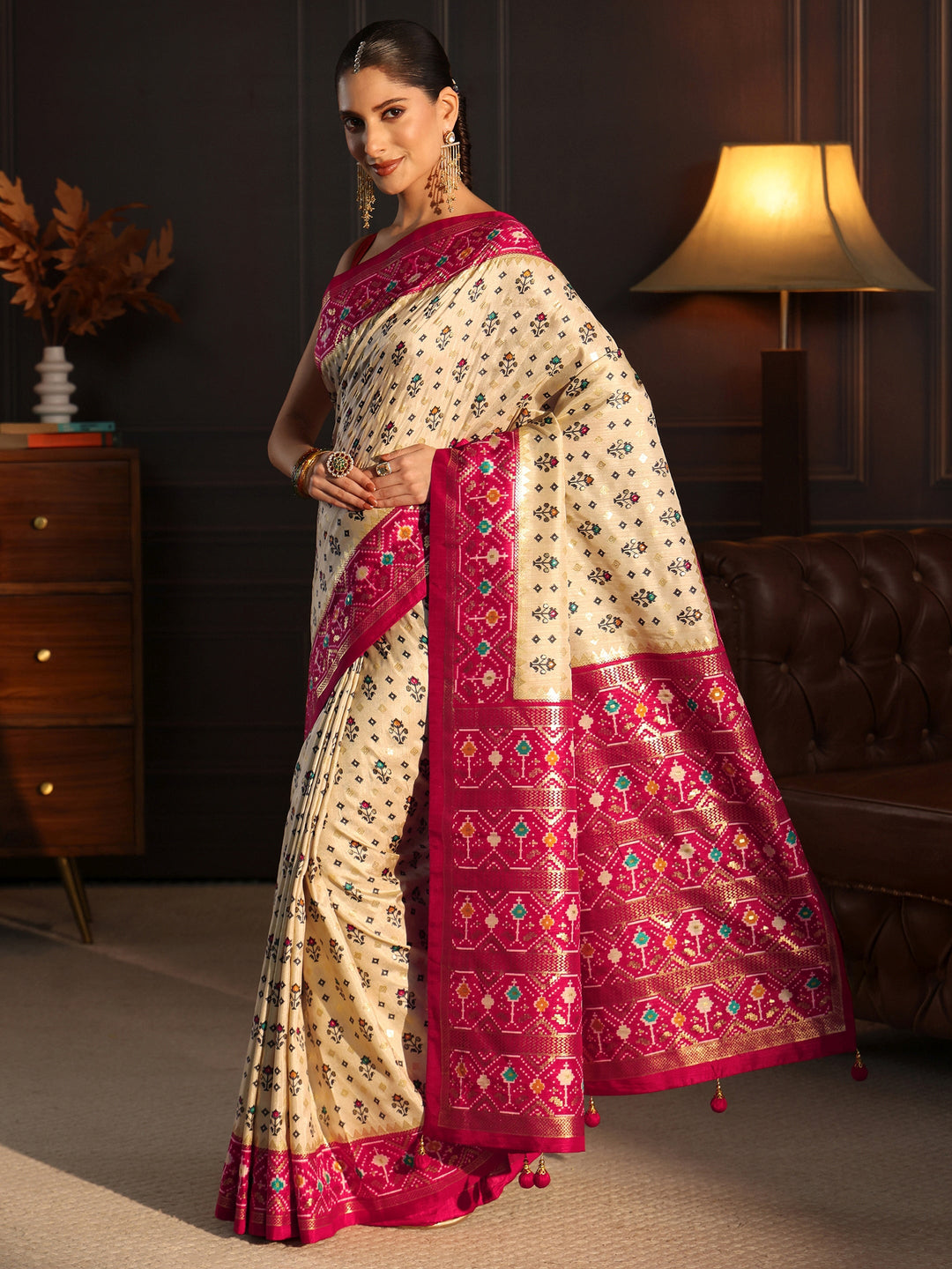  Libas Cream and Pink Pochampally Ikat Silk Blend Saree 