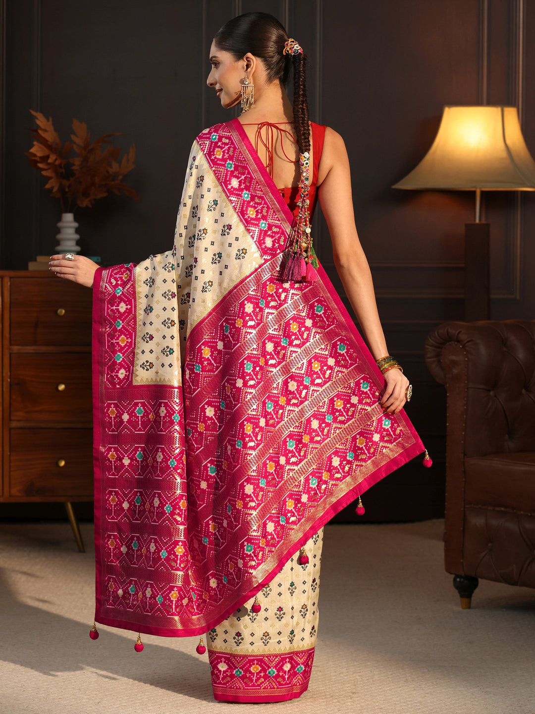  Libas Cream and Pink Pochampally Ikat Silk Blend Saree 