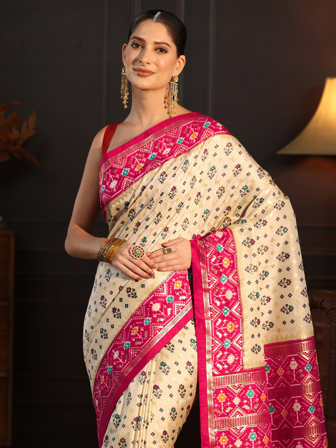  Libas Cream and Pink Pochampally Ikat Silk Blend Saree 