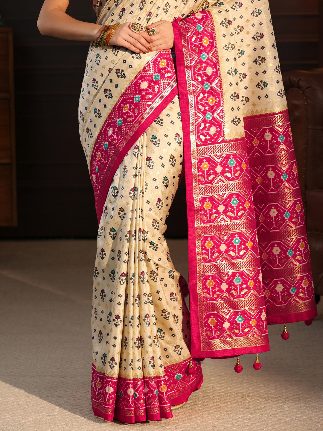  Libas Cream and Pink Pochampally Ikat Silk Blend Saree 
