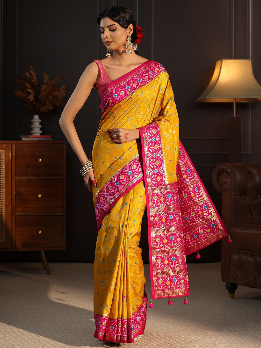  Libas Mustard and Pink Pochampally Ikat Silk Blend Saree 