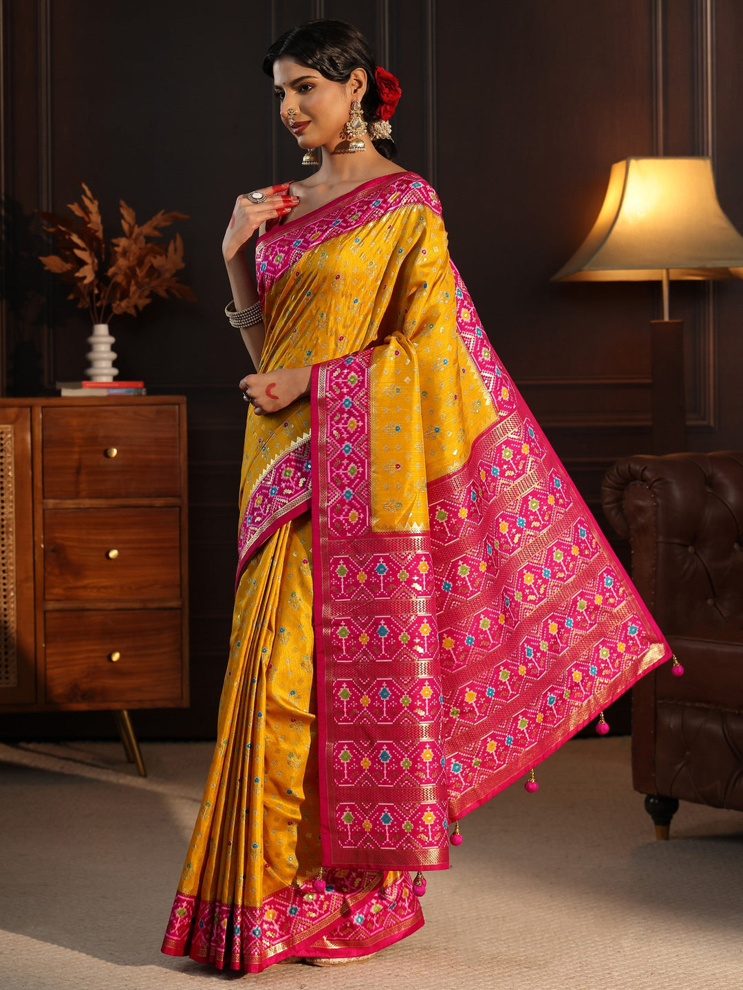  Libas Mustard and Pink Pochampally Ikat Silk Blend Saree 