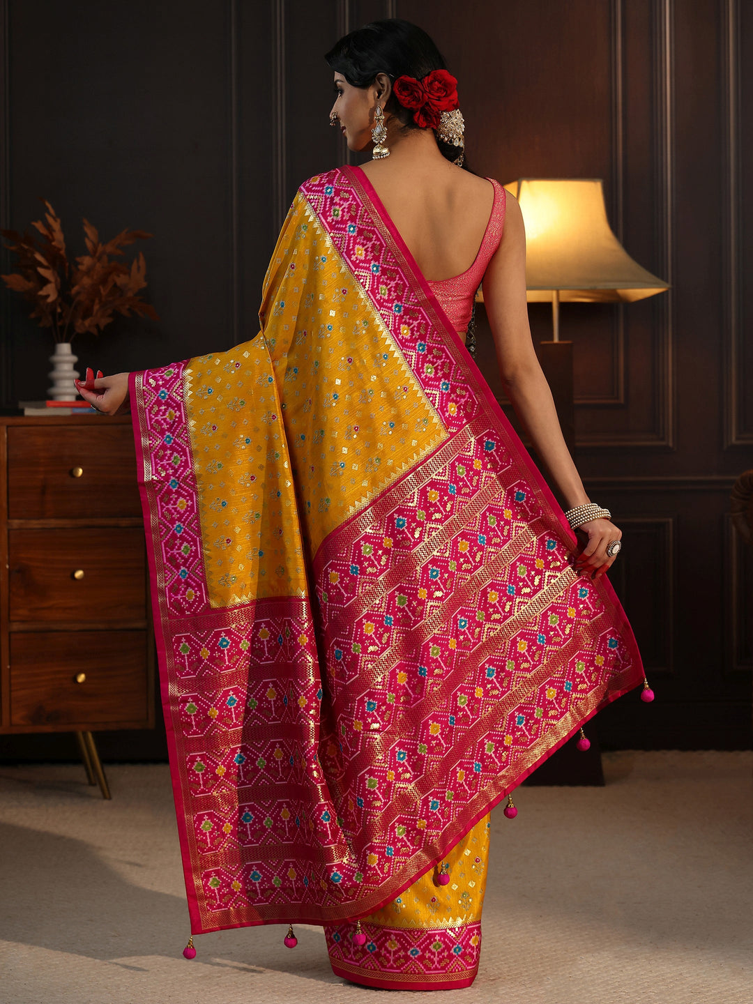  Libas Mustard and Pink Pochampally Ikat Silk Blend Saree 