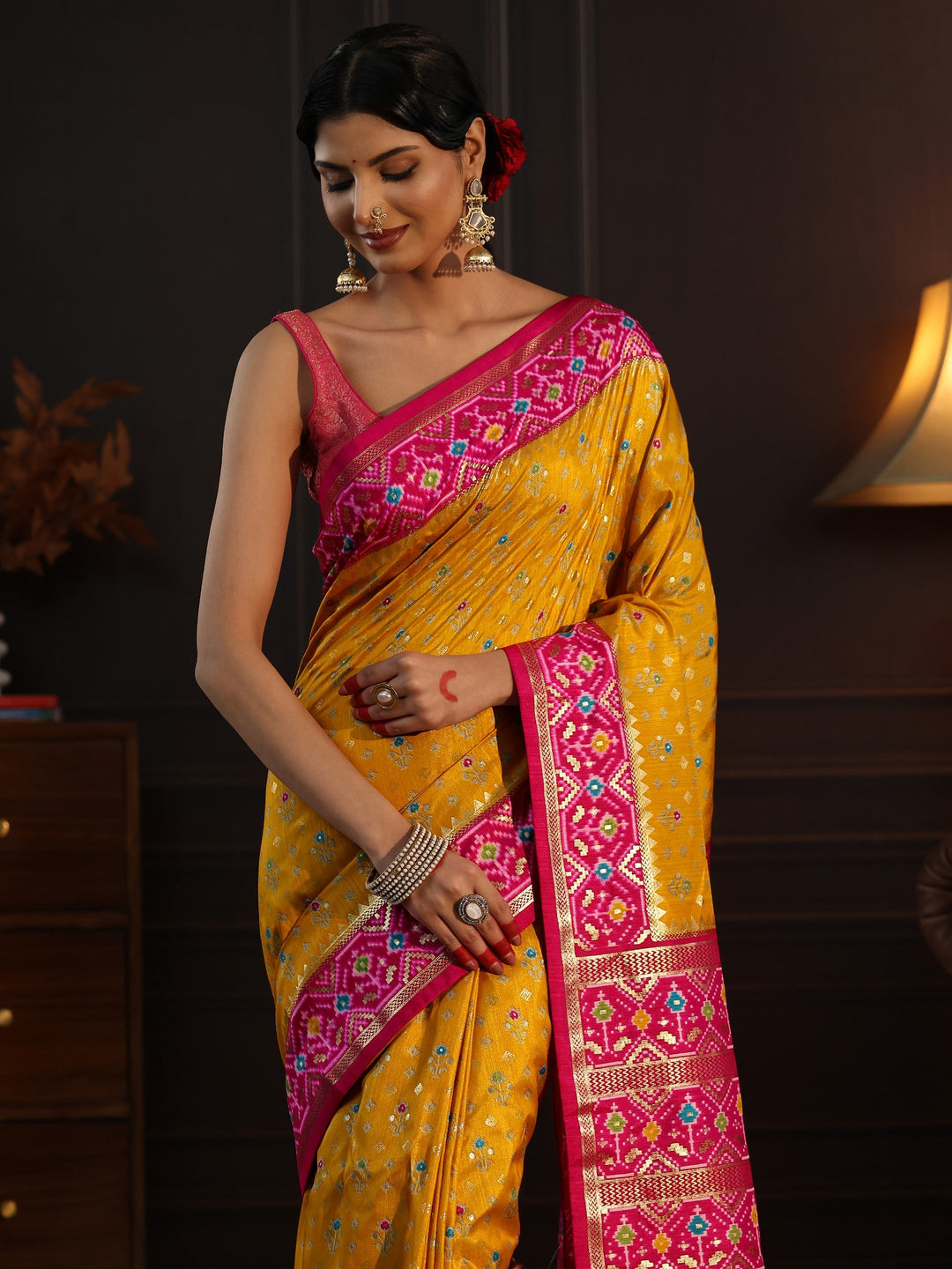  Libas Mustard and Pink Pochampally Ikat Silk Blend Saree 