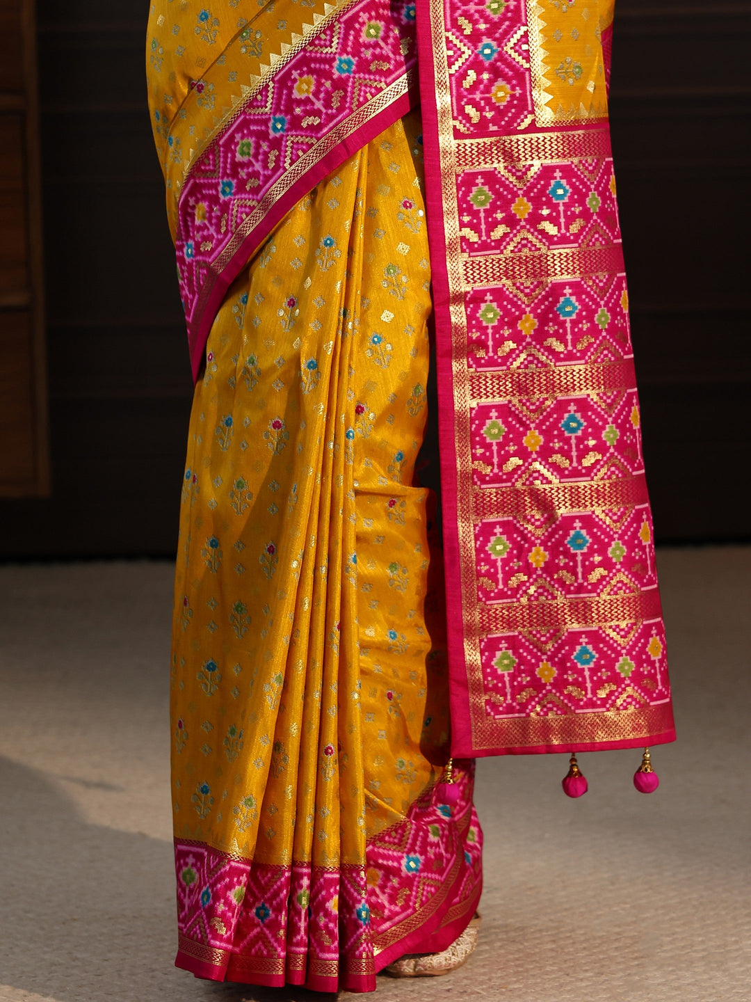  Libas Mustard and Pink Pochampally Ikat Silk Blend Saree 