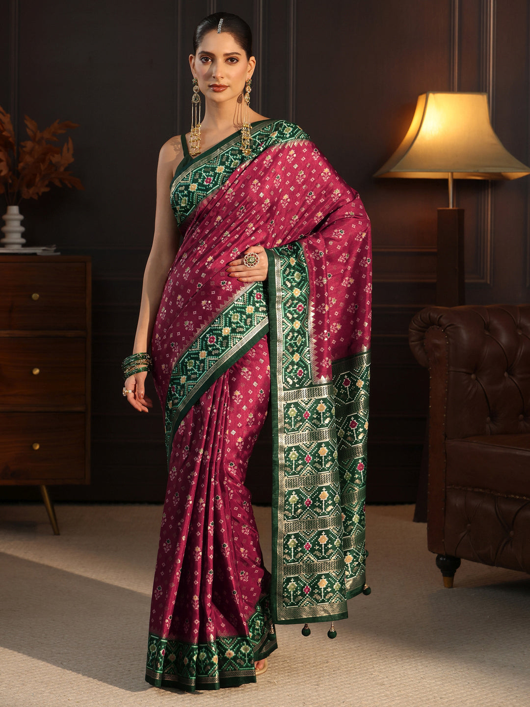  Libas Maroon and Green Pochampally Ikat Silk Blend Saree 
