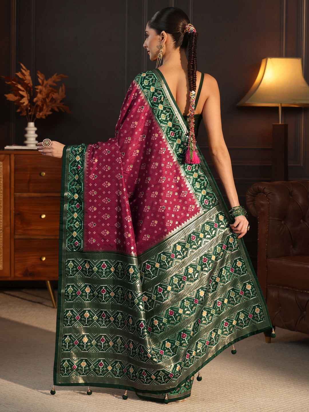  Libas Maroon and Green Pochampally Ikat Silk Blend Saree 