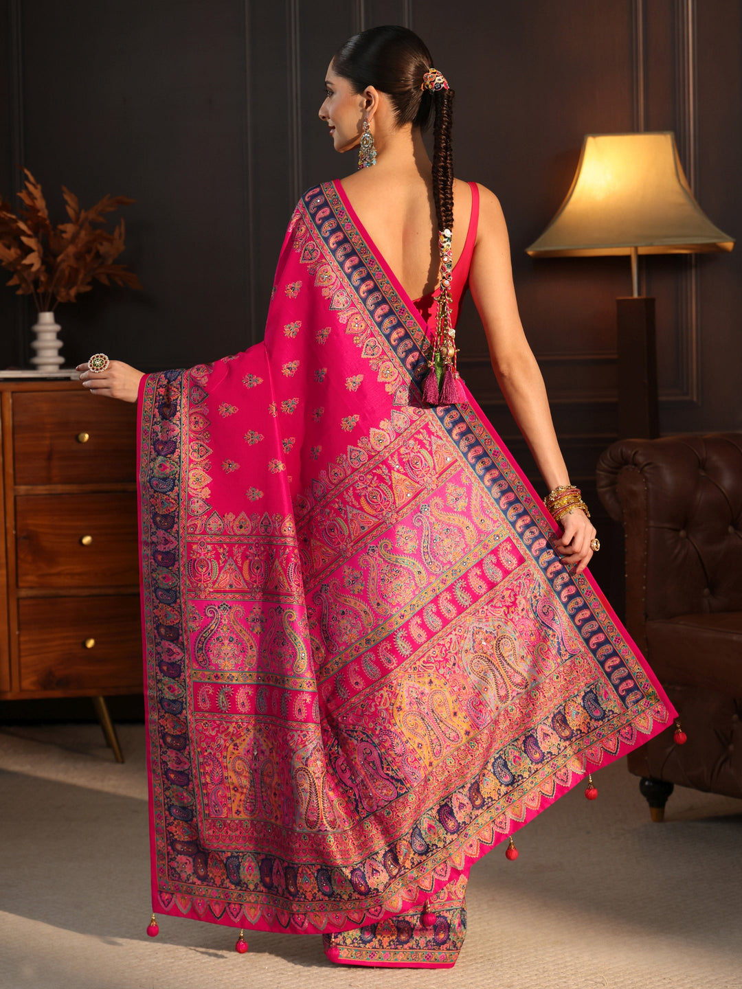  Libas Art Rani Pink Ethnic Printed Silk Blend Saree with Mirror Work 
