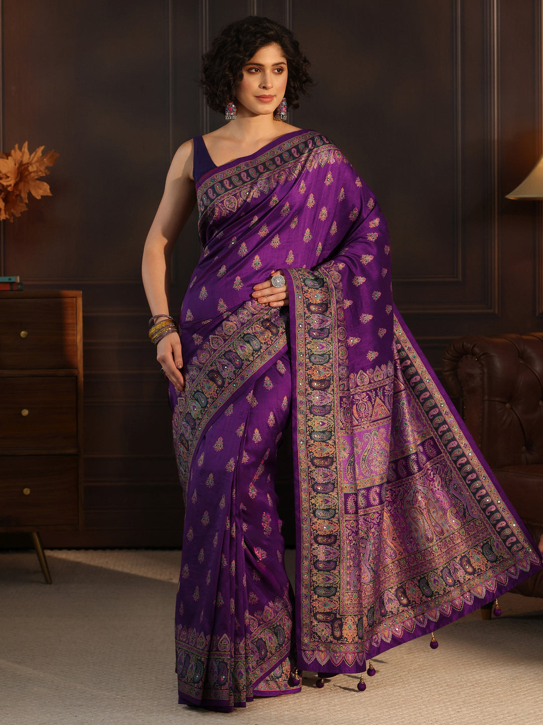  Libas Art Purple Printed Silk Blend Saree with Jamawar Pallu 