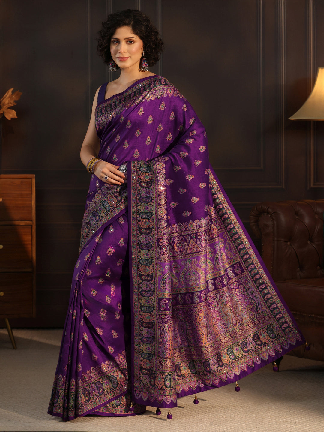  Libas Art Purple Printed Silk Blend Saree with Jamawar Pallu 