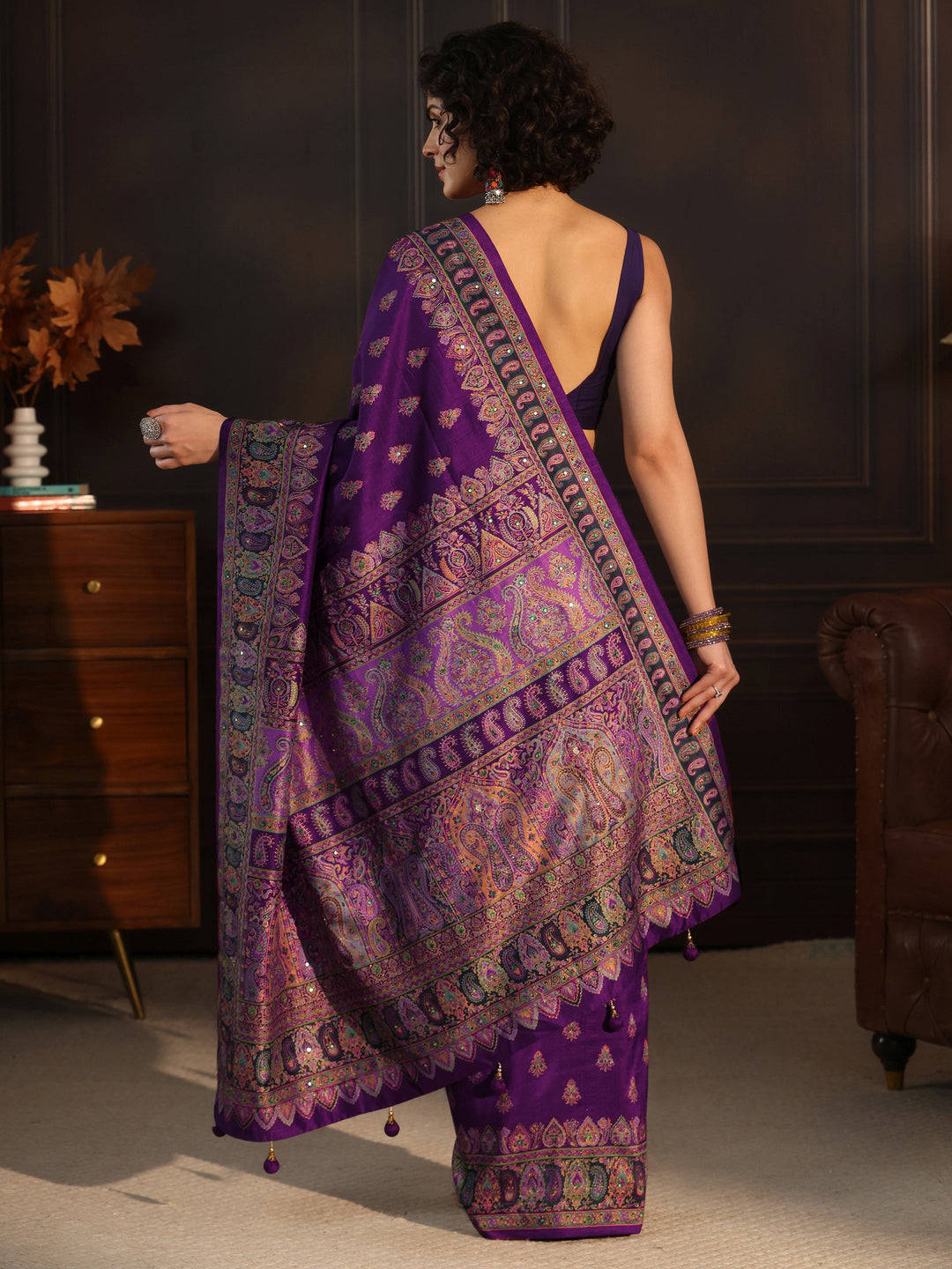  Libas Art Purple Printed Silk Blend Saree with Jamawar Pallu 