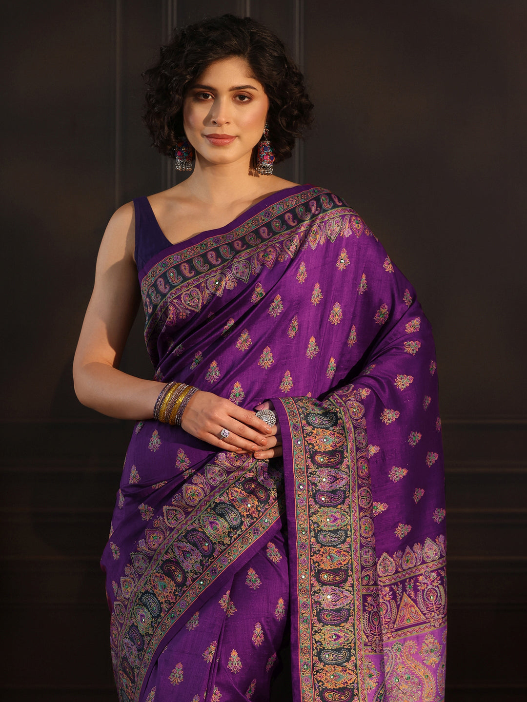  Libas Art Purple Printed Silk Blend Saree with Jamawar Pallu 